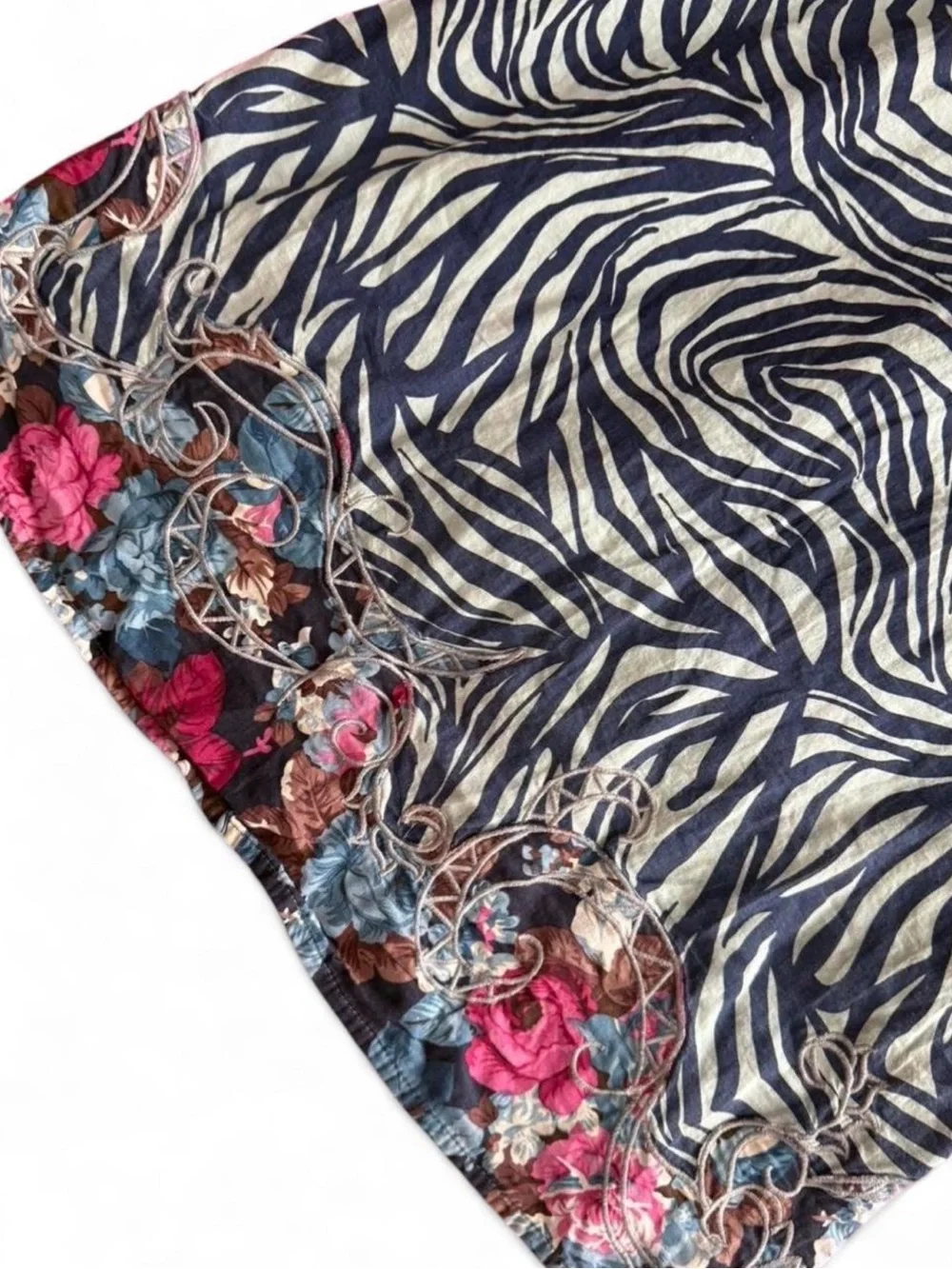 Floral Trim Zebra Print Spaghetti Strap Dress - Navy/White